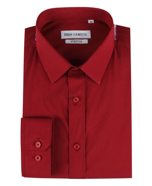 Slim Fit Stretch Overhemd Bordeaux Rood