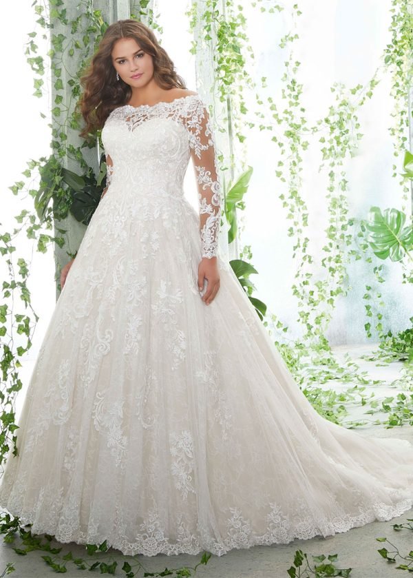 Royale Tule Off-Shoulder Halslijn A-Lijn Grote Maten Trouwjurken Met Kanten Appliques