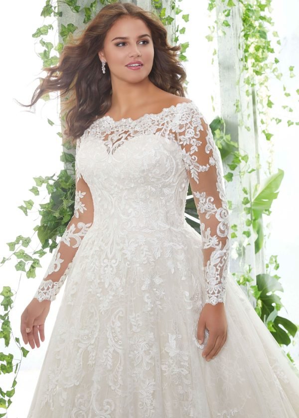 Royale Tule Off-Shoulder Halslijn A-Lijn Grote Maten Trouwjurken Met Kanten Appliques - Afbeelding 2